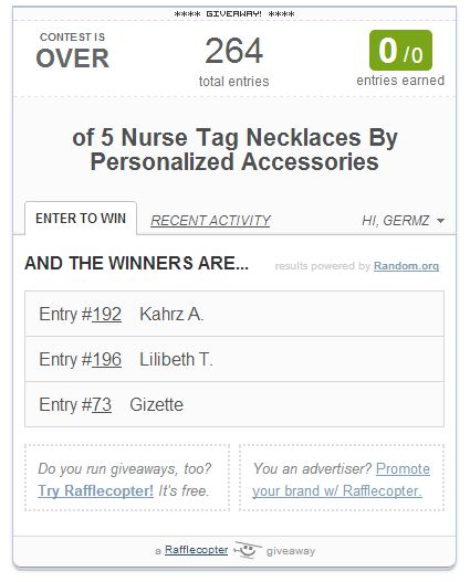 Winners for Nurse Germz Blog Giveaway by Personalized Accessories